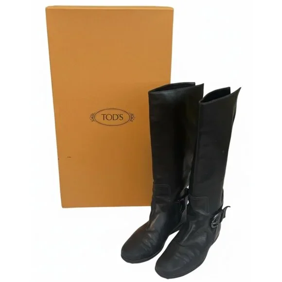Vintage Tod’s Black Leather Winter Boots Knee High Italy Box M Buck Women sz 9 - Picture 1 of 10
